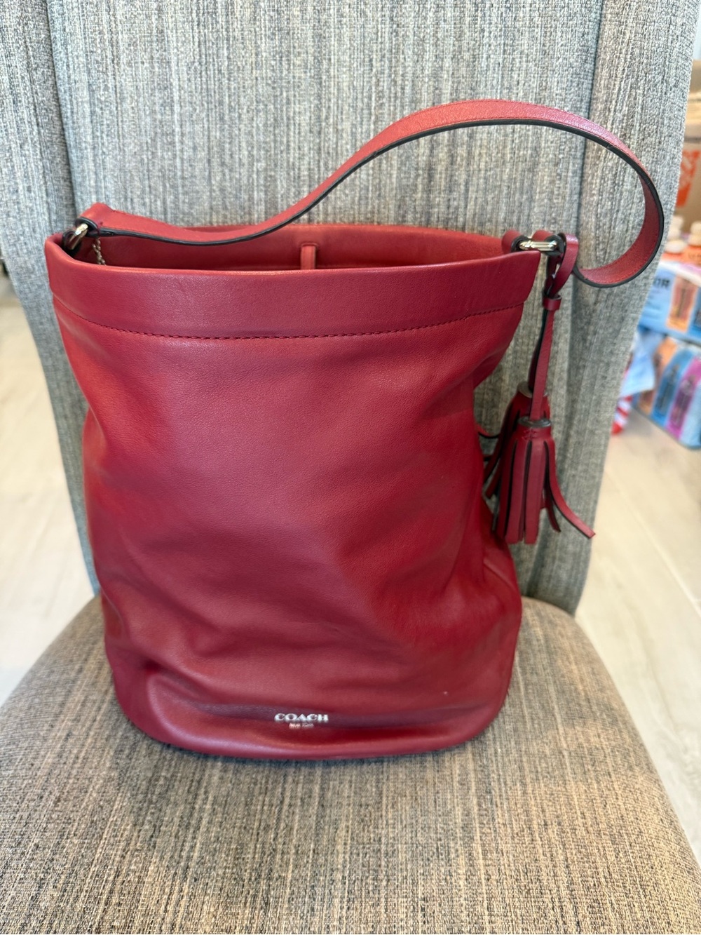 Coach Crimson Leather Bucket Tote with Tassel